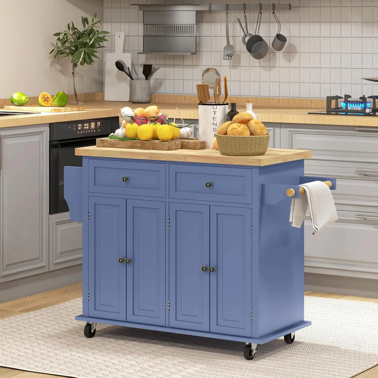 Kitchen Island on Wheels, Rolling Cart with Rubberwood Top, Spice Rack, Towel Rack and Drawers for Dining Room, Navy Blue