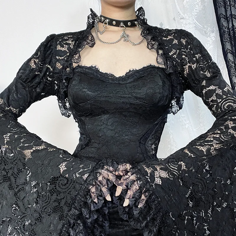 Gothic Classic Lace Cover Ups Women Mesh Crop Top See Through Sexy Flare Sleeve Blouse Y2k Black Rave Outfit Festival