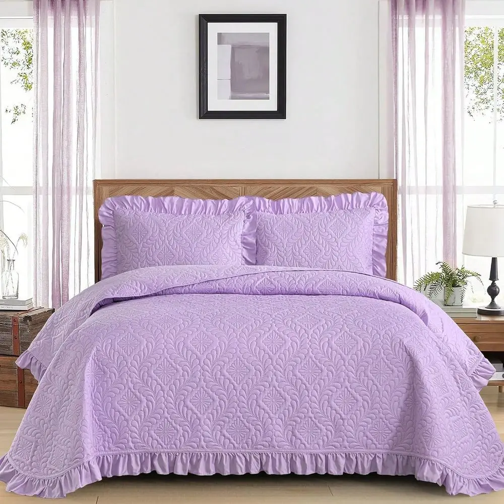 

Комплект постельного белья Pieces Lavender Queen/King Size: стеганое одеяло с оборками, легкое покрывало, накидка на кровать