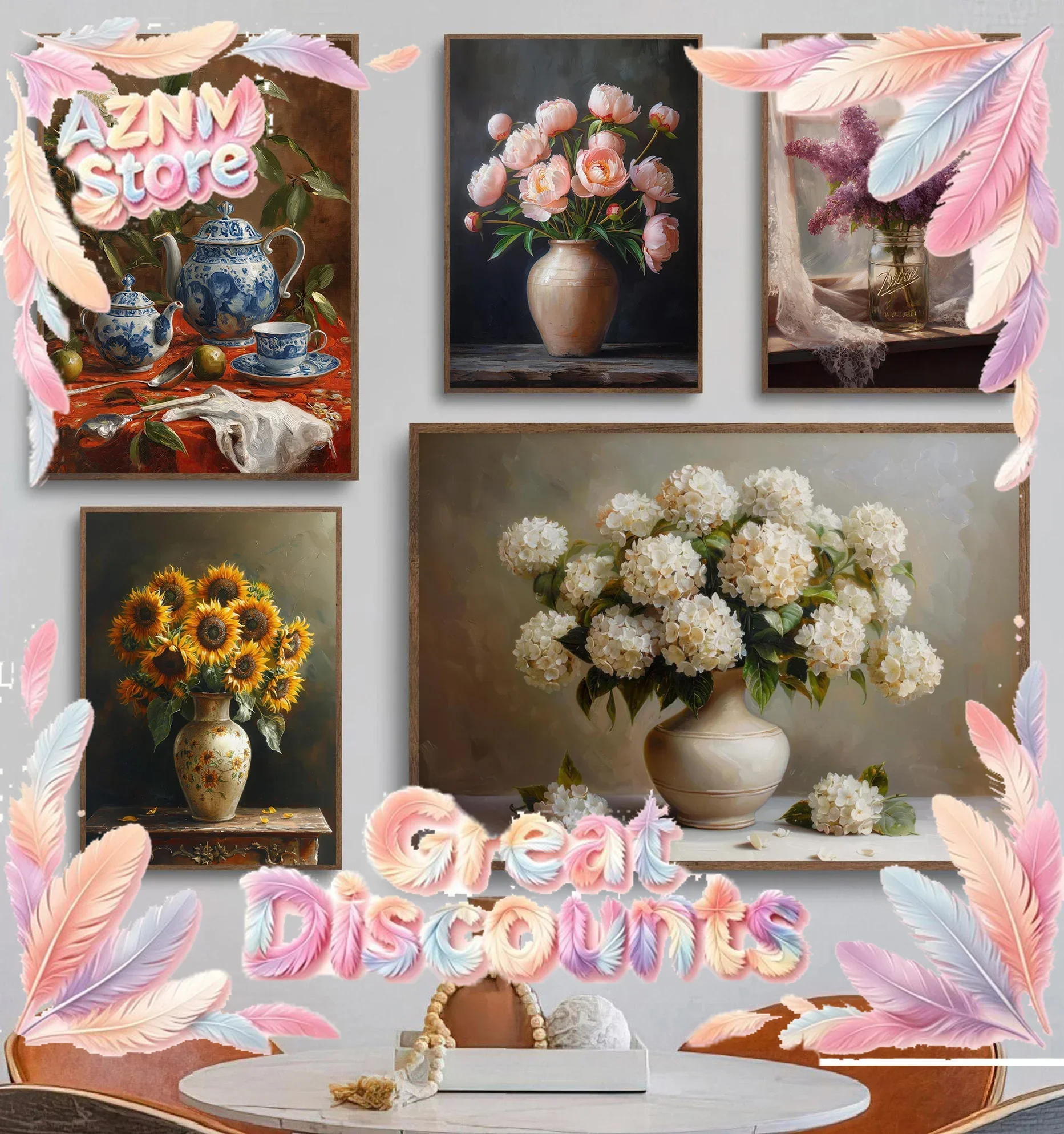(2D Canvas Painting)  Classic Color Still life Vase Flower Art Hydrangea Carnation Peony Retro Poster Canvas Paintings Wall A