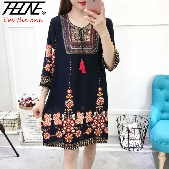 Women\'s Clothing Women Indian Dress Ready Stock Summer Vintage Causal Korean Style Beach Embroidery Tassel Floral Print Vestidos