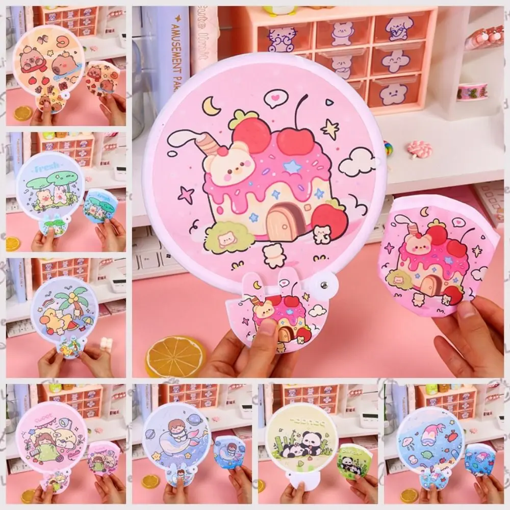 Circular Fan Cartoon Flying Disk Fan Round Cooling Folding Fan Collapsible Fan with Handle Group Fan for Kids' Gift