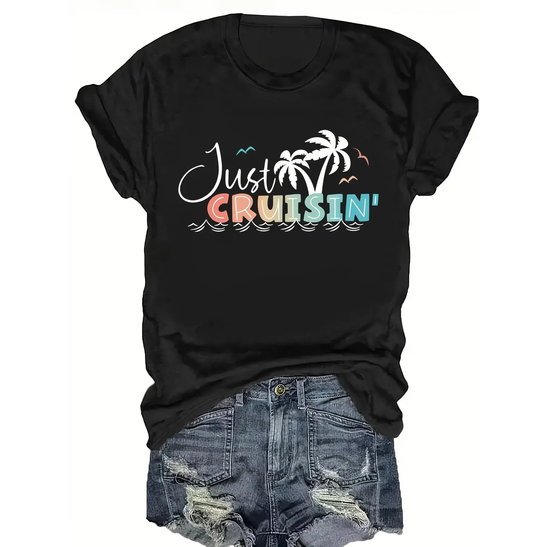 

Just Cruisin' T-Shirt Summer Vacation Cruise Tops for Men and Women Beach Coconut Tree Graphic Tee