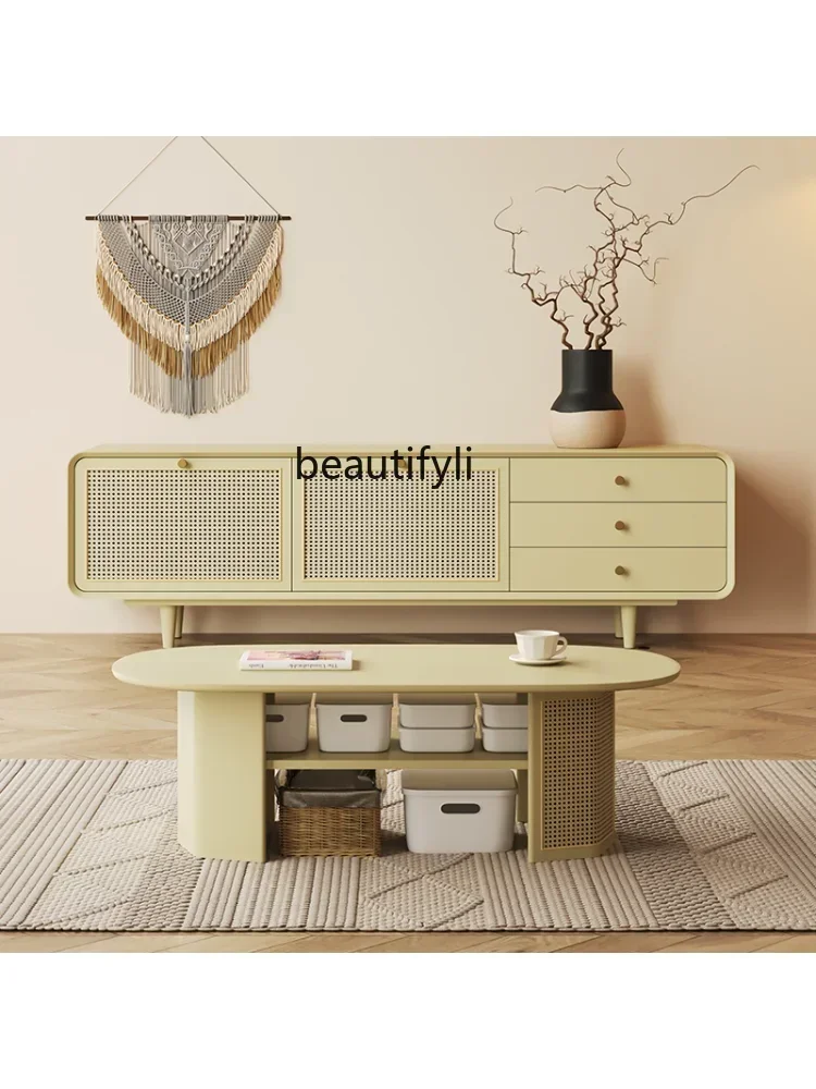 

TV Cabinet Solid Wood Small Apartment Storage Nordic Living Room Home Modern Simple Color Paint Floor Cabinet furniture