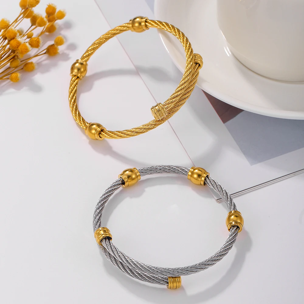 

Classic Personality Gold Steel Color Not Fade Bracelet Sparkle Hip Hop Wire Rope Stainless Steel Opening Bracelet for Couple