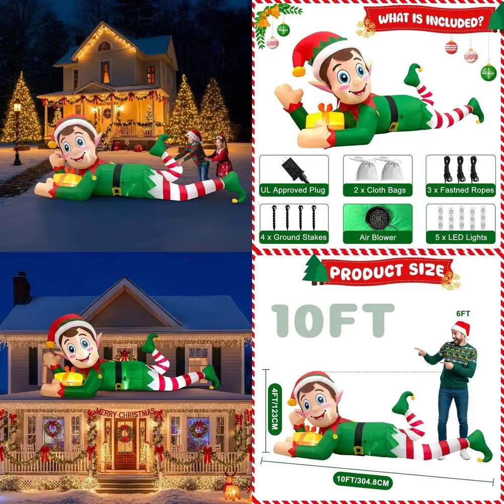 

Гигантский лежачий эльф, надувное уличное рождественское украшение со светодиодными фонарями для лужайки, сада, праздничной вечеринки