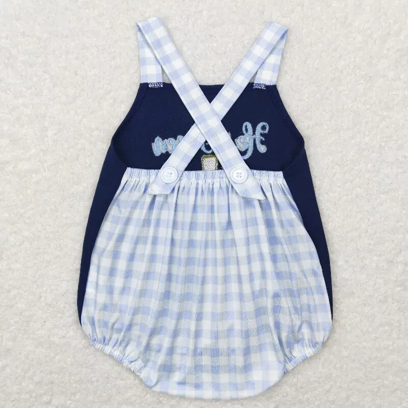 New rts baby Easter boys romper wholesale boutique embroidered cross jesus boy sleeveless blue romper