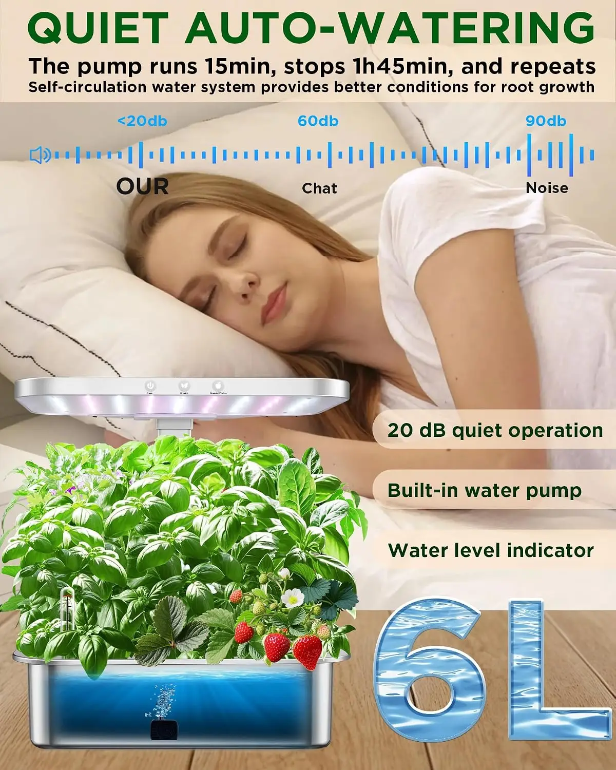 Smart Indoor Hydroponics Growing System Full Spectrum LED Grow Light 15 Pods Stainless Steel Plant Germination Kit Quiet Pump Ve