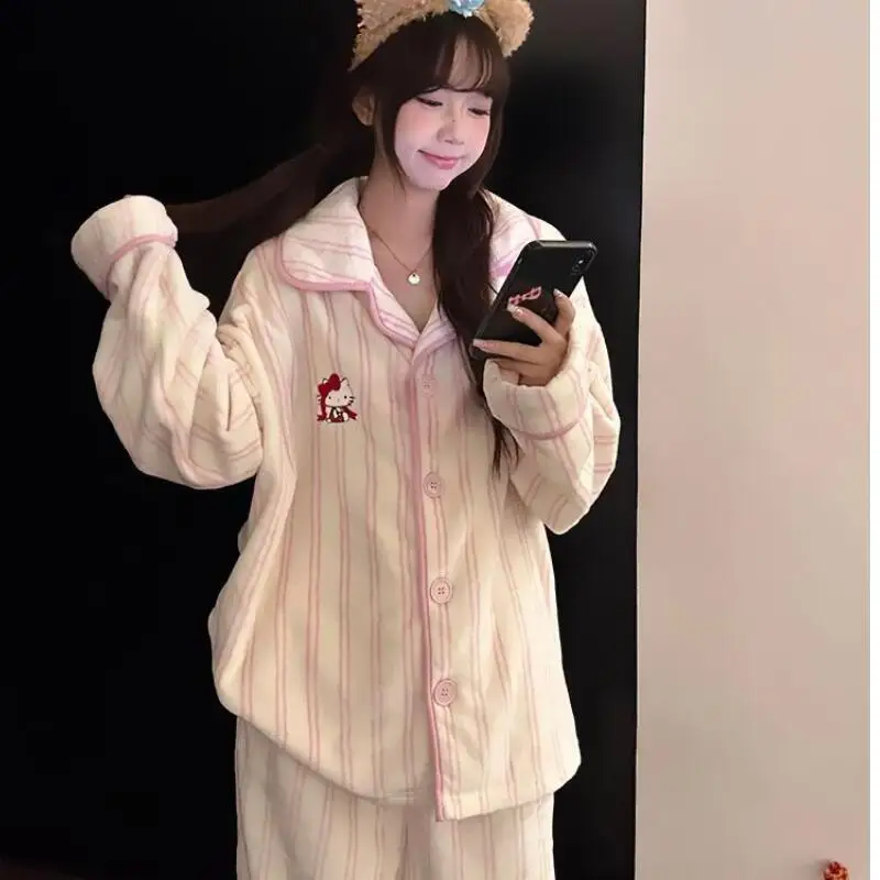 

Sanrio Hello Kitty женские пижамные комплекты для сна Kawaii мультфильм зимние штаны с длинными рукавами De Rong теплая одежда для сна домашняя одежда новинка