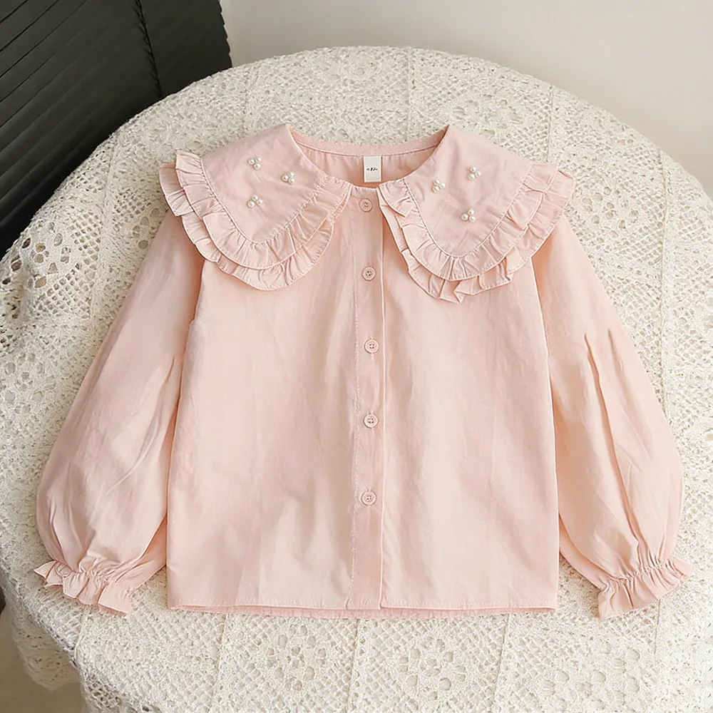 2026 Girls Spring Autumn Shirt Korean Stylish Long Sleeve White Shirt Kids Medium Large Double Layer Doll Collar Base Layer Top