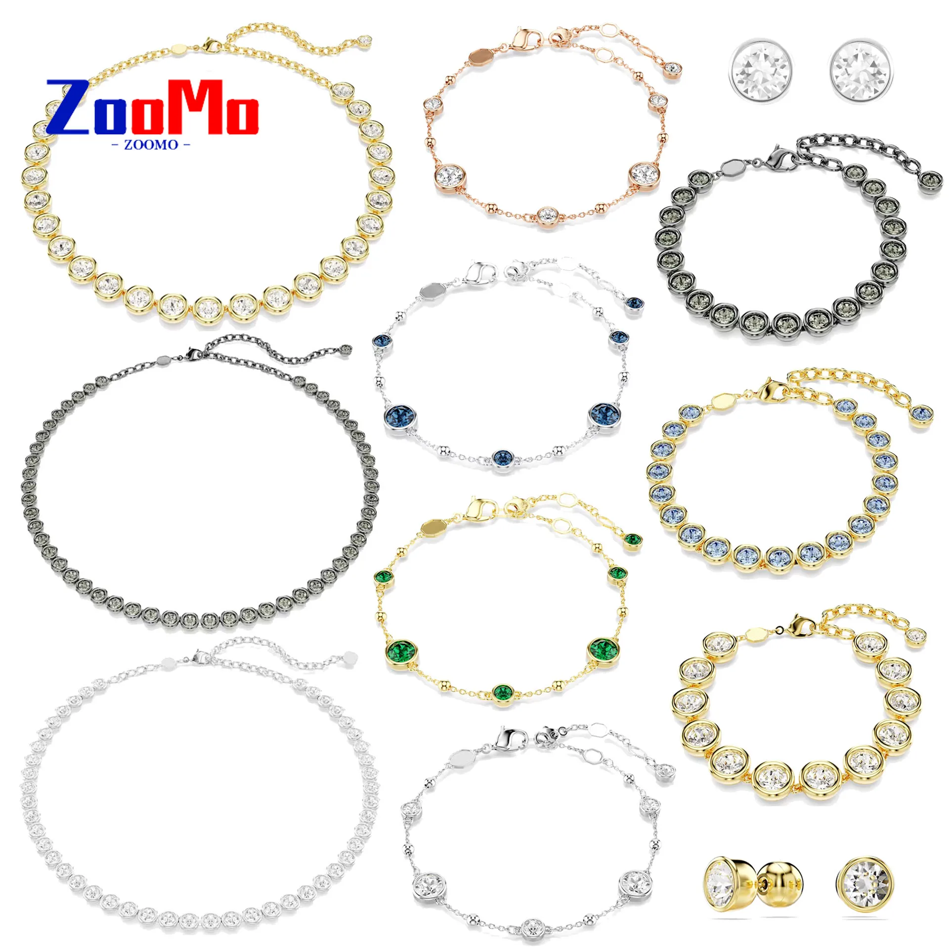 

Оригинальные новые круглые модные очаровательные комплекты ювелирных украшений с круглым вырезом и кристаллами, теннисное ожерелье, браслет, серьги, ювелирные изделия для женщин