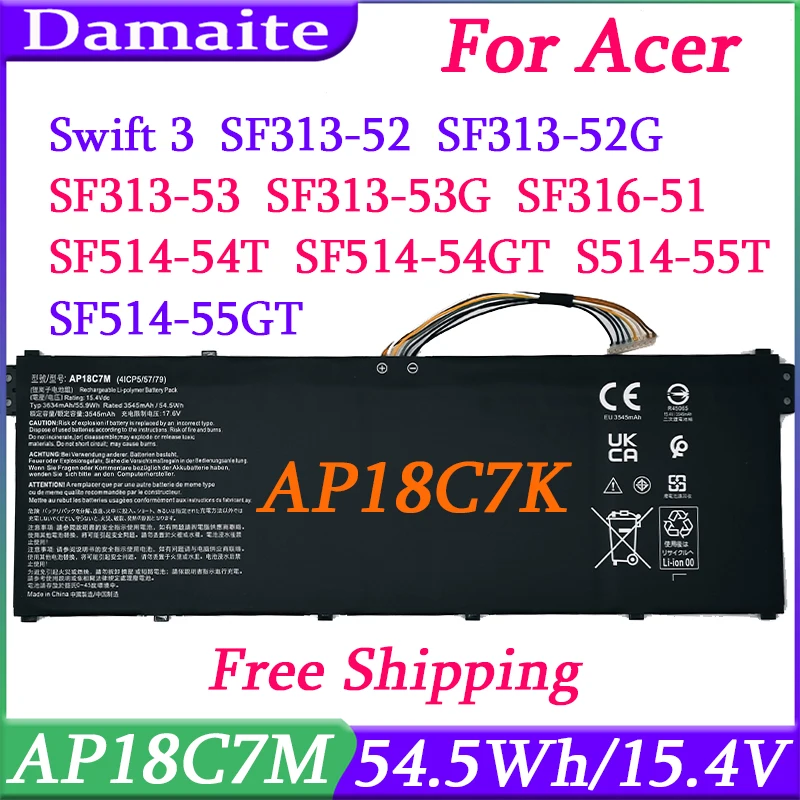 AP18C7M 15.4V 54.5Wh Laptop Battery For Acer Swift 5 SF514-54G SP513-54N SF313-52 Series 4ICP5/57/79 CN315-72P CN316-73P