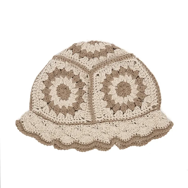 Korean Women Hollow Knitted Hat Handmade Crochet Basin Hat Spring Summer Sunscreen Sun Hat Female