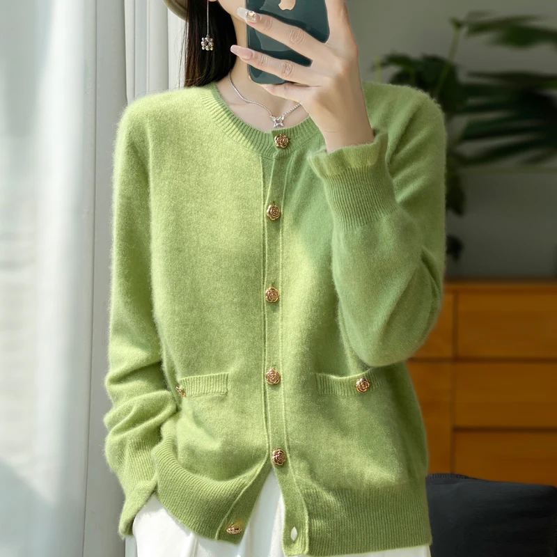 autumn and winter New 100% merino wool cashmere sweater women\'s round neck pocket cardigan solid color knitted coat loose top