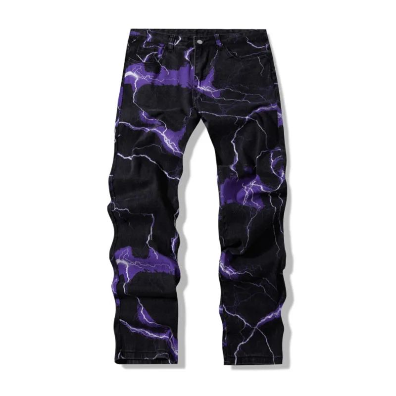 

Goth Style Lightning Print Tie Dye Mens Straight Y2K Black Jeans Trousers Hip Hop Vintage Harajuku Men Jean Pants Pantalon Homme