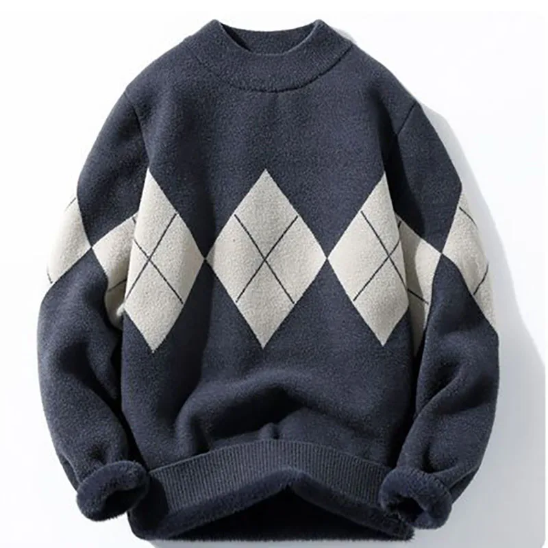 

Winter Men One Piece Plush Short Sweater Vintage Diamond Plaid Patchwork Color Thicken Sweater Male Warm Korean Pullover Sweater