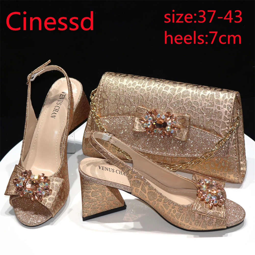 Gold Fashion New Arrivals 2024 Spring Summer Design Italian Women Shoes Matching Bag Set with Shinning Crystal for Party