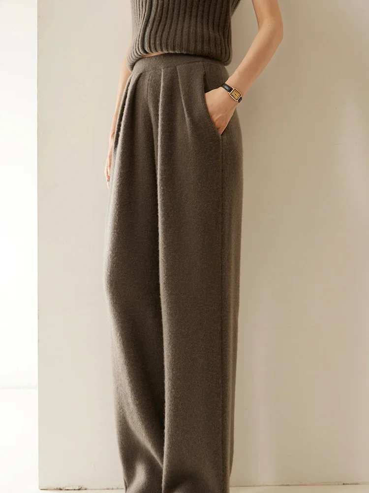 Tcyeek Women 100% Cashmere Pants Pleated Waist Wide Leg Pants Casual Simple Style Autumn Winter Cashmere Knit Trousers Luxury