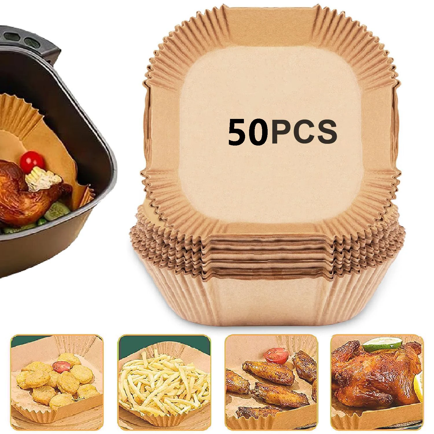 6,3/9 Zoll Einweg-Papiereinlagen für Luftfritteusen, 50 Stück, antihaftbeschichtet, ölbeständig, wasserfest, Lebensmittelqualität, Backpapier für Fritteuse, Mikrowelle