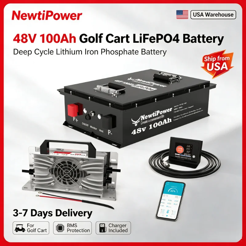 NewtiPower 48V 100Ah LiFePO4 Golf Cart Battery Built-in Bluetooth BMS Deep Cycle Lithium Battery Complete Kit With Charger Ship From US Warehouse 3-7 Days Fast Delivery For Golf Cart