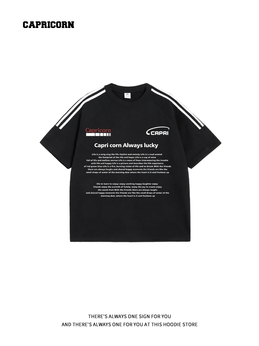 Capricorn American Style Letter Patchwork Short Sleeve Women's Summer Trendy Heavyweight Small Collar Top Pure Cotton T-Shirt