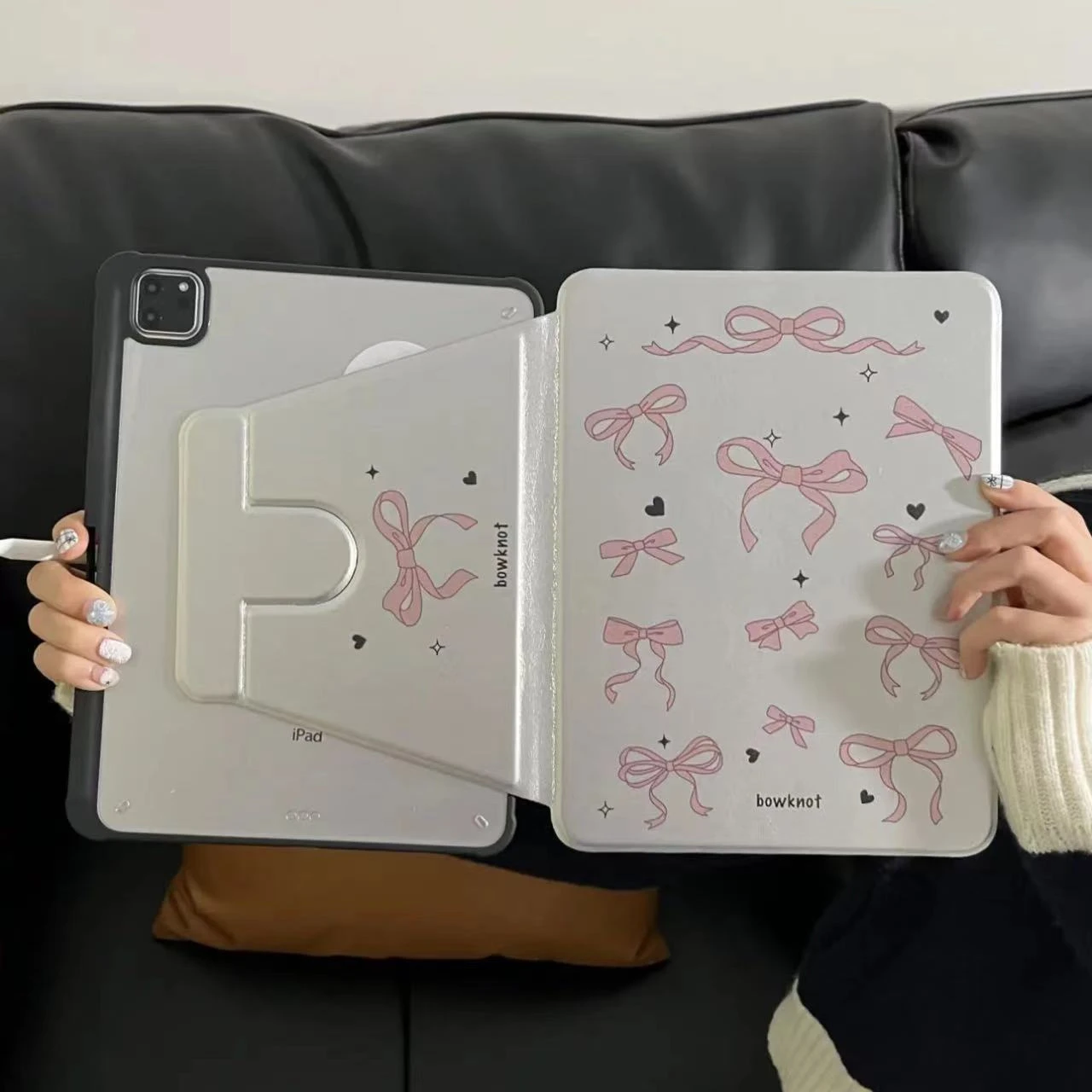 Silver Pink Bow LNew Tablet Case For iPad Pro 11 12.9in 13 M4 9.7 10.2 5/6th 7/8/9 10 11th MINI 6 7 Air 5 6 7 Trifold Case