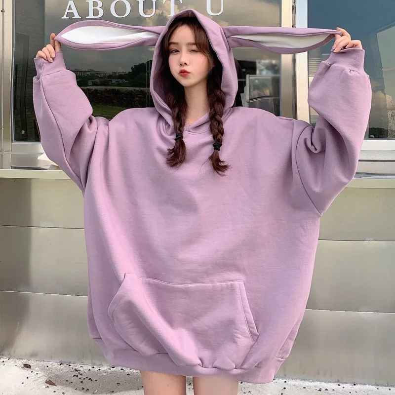 2024 New Autumn Kawaii Bunny Ear Long Sleeve Hooded Sweatshirt Women Sweet Lovely Rabbit Ear Hooded Tops Korean Style Fashion