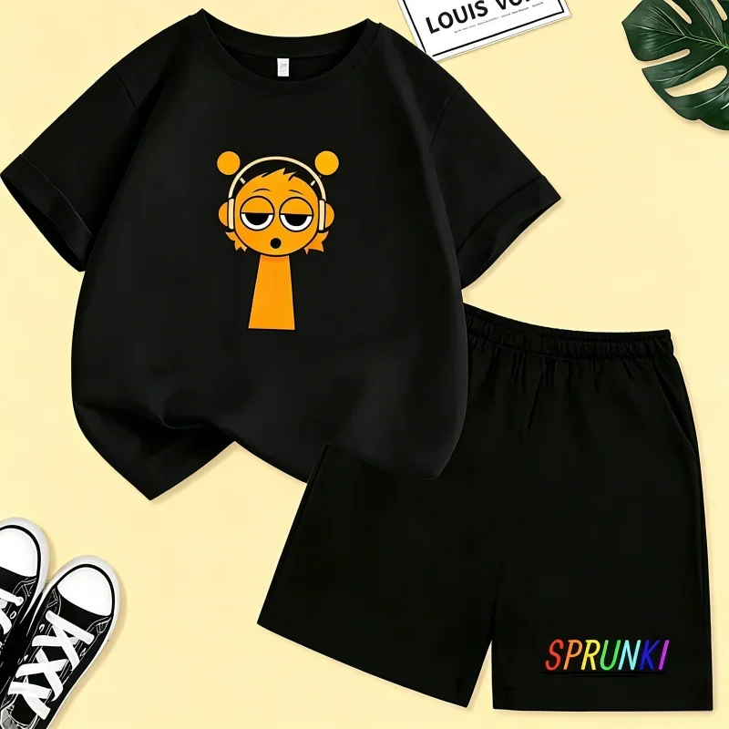 

2026 Sprunki Kids T-Shirt + Shorts Set, Boys Girls Cartoon Game Printed Cotton Short Sleeve 2Pcs Summer Casual Outfit