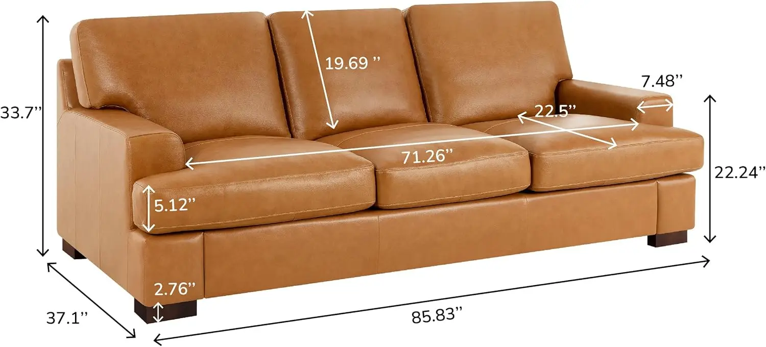 Genuine Leather Sofa Luxurious Comfort Goose Feather Cushion Filling Square Arm Design Sturdy Block Legs Elegant Tan