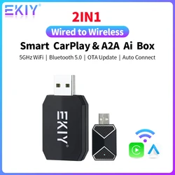 EKIY 2in 1 A2A 카플레이 스마트 Ai 박스 무선 안드로이드 자동 어댑터, 애플 동글 USB A & C 차량용 유선 카플레이/안드로이드 자동