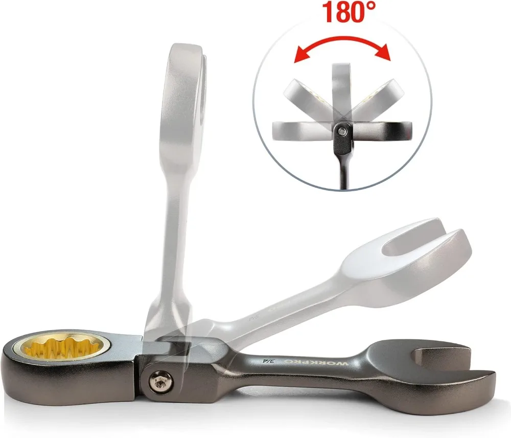 Juego de llaves de trinquete rechonchas con cabeza flexible de 8 piezas, SAE 5/16-3/4 pulgadas, 72 dientes, niquelado con bolsa rodante