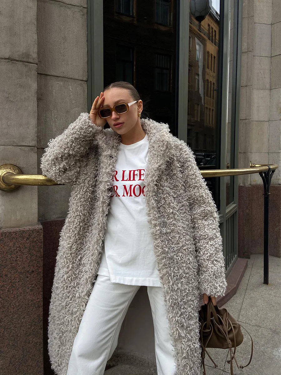 Gray Wool Faux Fur Shearling Long Coat for Women Winter 2025 Winter Fashion Trendy Teddy Maxi Coat Monki Curly Clean Fit Outwear