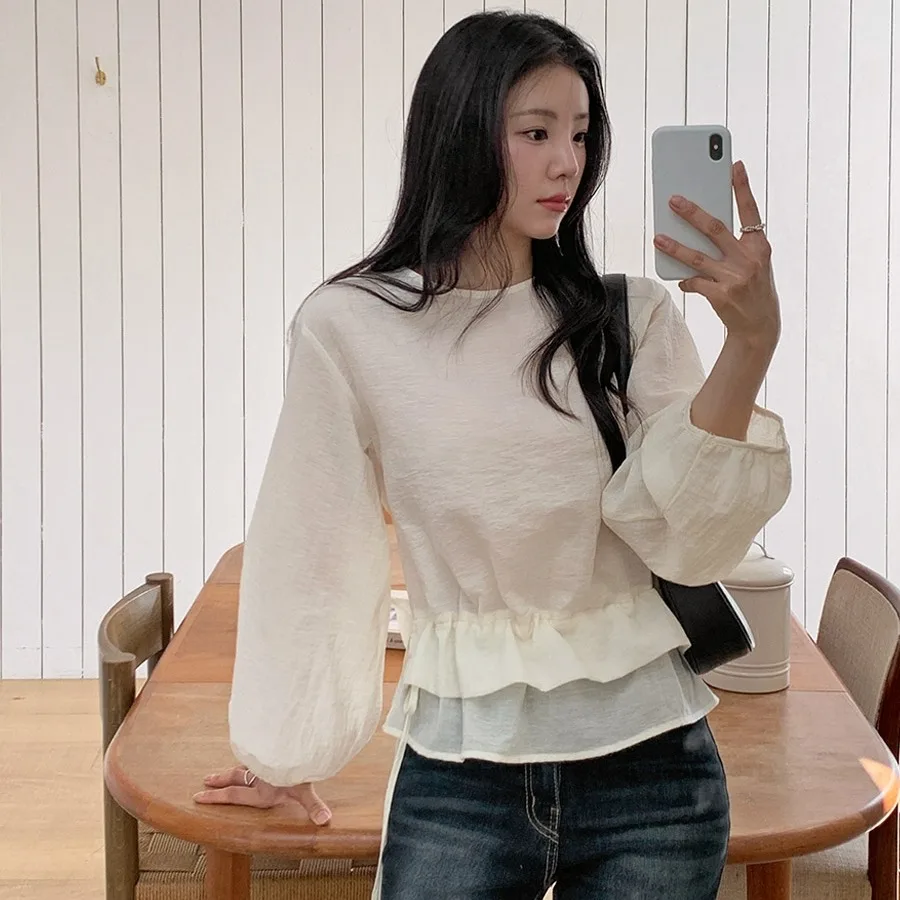 

Korean Sle Early Spring Simple Ele Small ence Lotus Le Double Layer Design Dstring Waist irt Women's Top