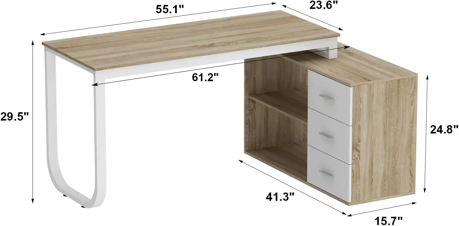 Homsee Home Office مكتب كمبيوتر مكتب ركن مع 3 أدراج ورفين، طاولة كتابة دراسة كبيرة على شكل حرف L مقاس 55 بوصة مع