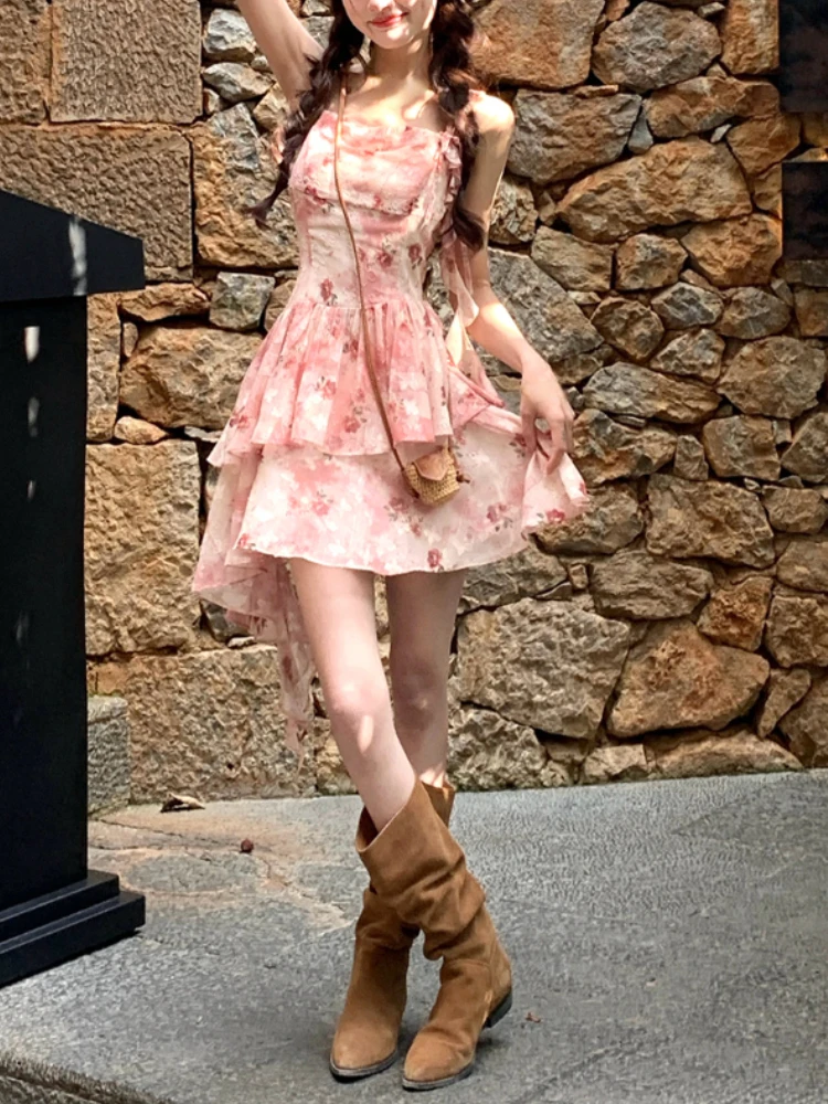 2024 Summer French Elegant Floral Dress Women Casual sweet Retro Slim Mini Dress Korean Fashion Vintage Y2k 2000s Strap Dress