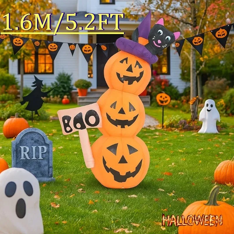 5.2FT Halloween Inflatable Toys Pumpkin Tower with Cat Inflatable Model Party Outdoor Garden Indoor Decorations with LED Lights