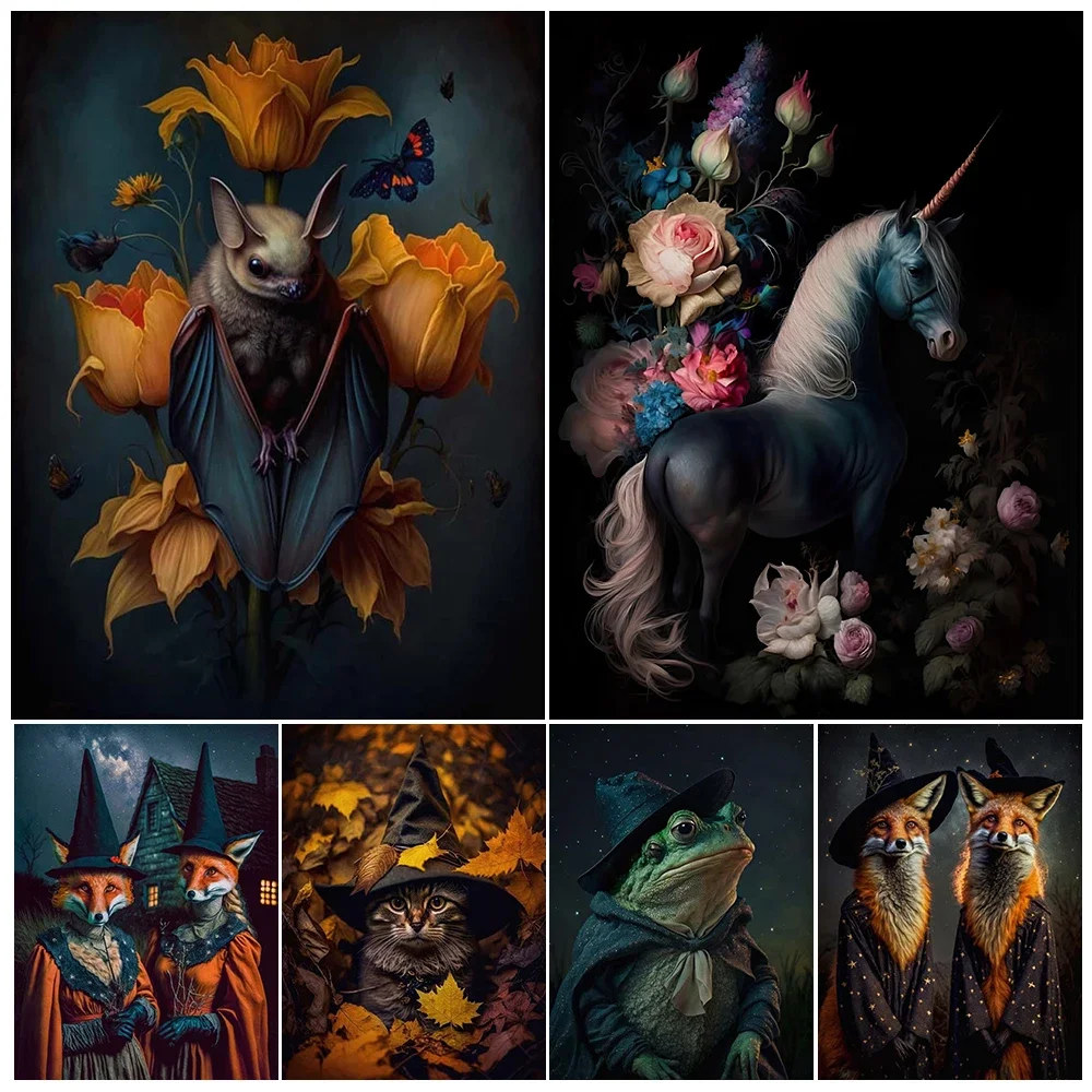 Fantasy Unicorn And Spellcaster Frog Wall Art Print Fox Witchy,Cat Witch,Antique Bat,Black Raven Magic Animal Art Poster Print