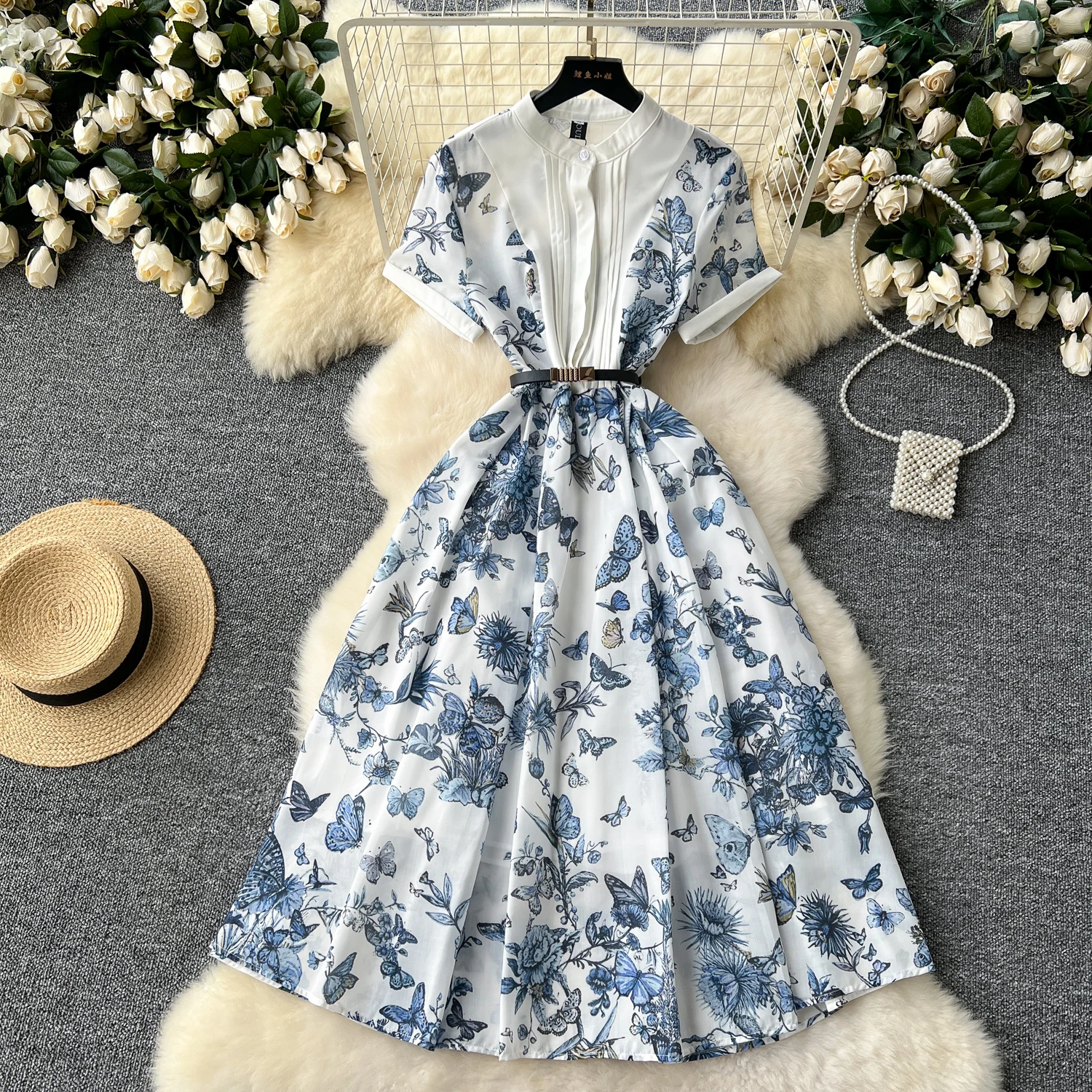 French Vintage Elegant pleated short sleeve print  Dress Vacation  Women Fashion Summer Spring Vestidos sweet dresses