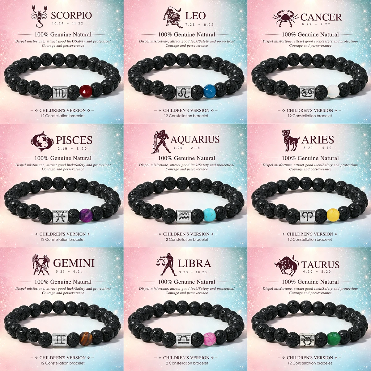 Natural Stone Volcanic Stone 6mm Round Bead Children's Bracelet 12 Constellation Bracelet Leo Taurus Birthday Gift