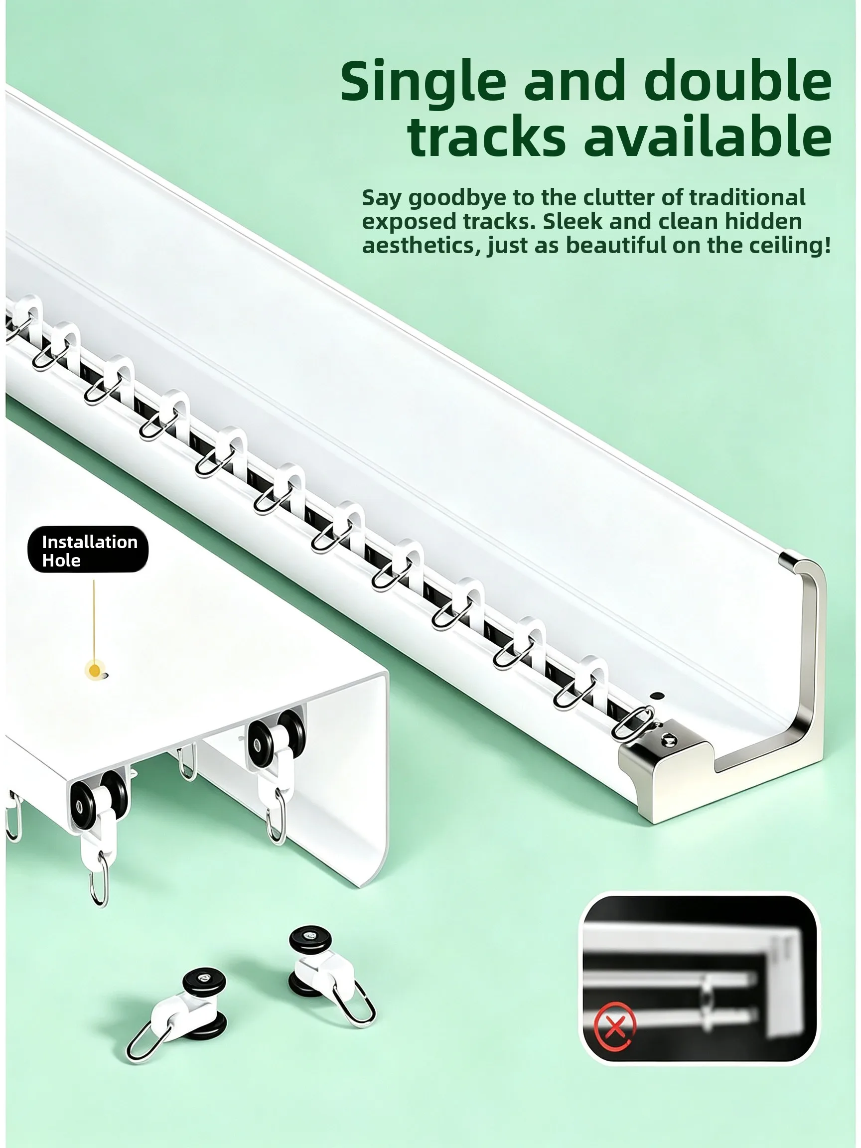 New Integrated Finished Curtain Track Full Light Blocking Sliding Rail Mounted on Top Silent Connected Track Aluminum Alloy N...