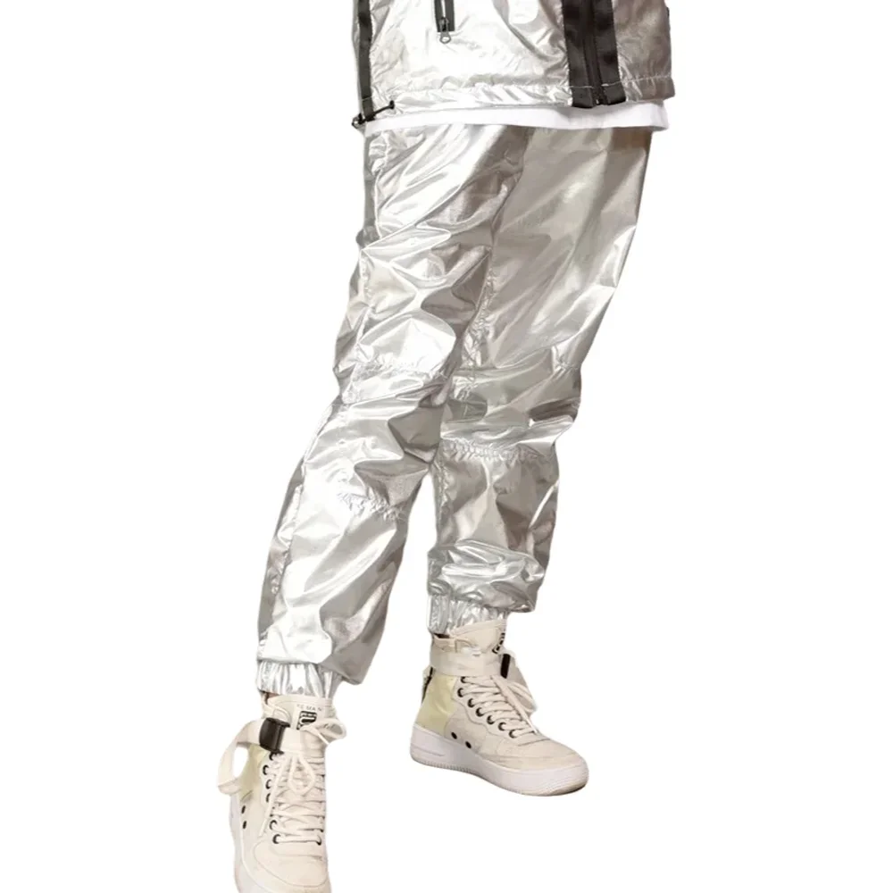 

Oversize Loosen, Silver Black Metallic Elaistc Waist Man Boy's Pants Jogger Hip Hop Live Show Dance Trousers