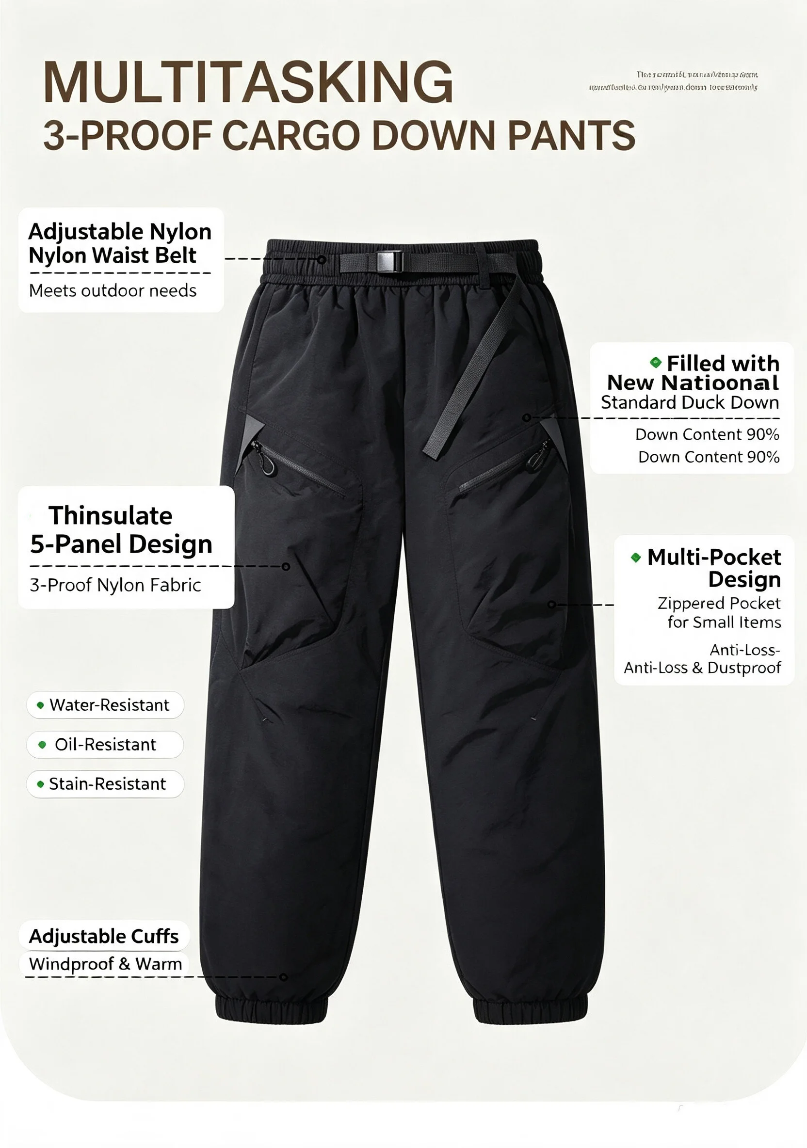 Men Cargo Down Pants High‑End Thick Warm Shell Trousers Winter Cold‑Resistant Sports Straight‑Leg Casual Long Pants