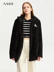 AMII Women's Jackets 2023 New Lapel Imitation Lamb Wool Letter Embroidery Zipper Coat Loose Winter Outerwear Streetwear 12344278