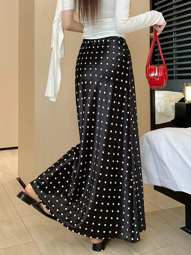 Vintage Elegant Satin Skirts Women Polka Dot Mermaid Skirts Party Club Long Trumpet Skirts Casual Black Skirts Female 2025 New