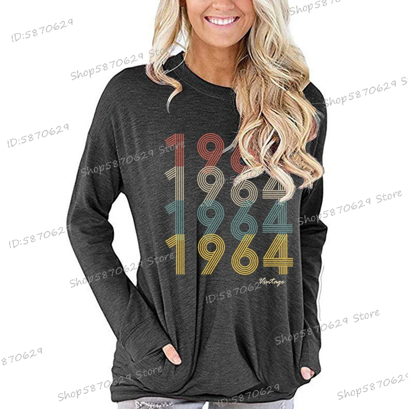 Women Birthday Anniversary T-shirts 1964 Vintage Letter Print T Shirt Creative Gift Long Sleeve Tees Ladies Crew Neck Streetwear