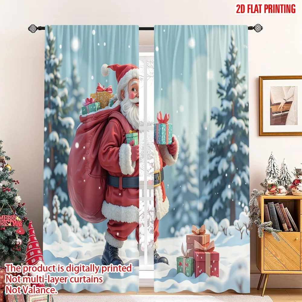

2pcs 2D flat printing Christmas Party Curtain Santa Claus Gifts Snowy Forest Polyester Without Electricity Family Party Use for