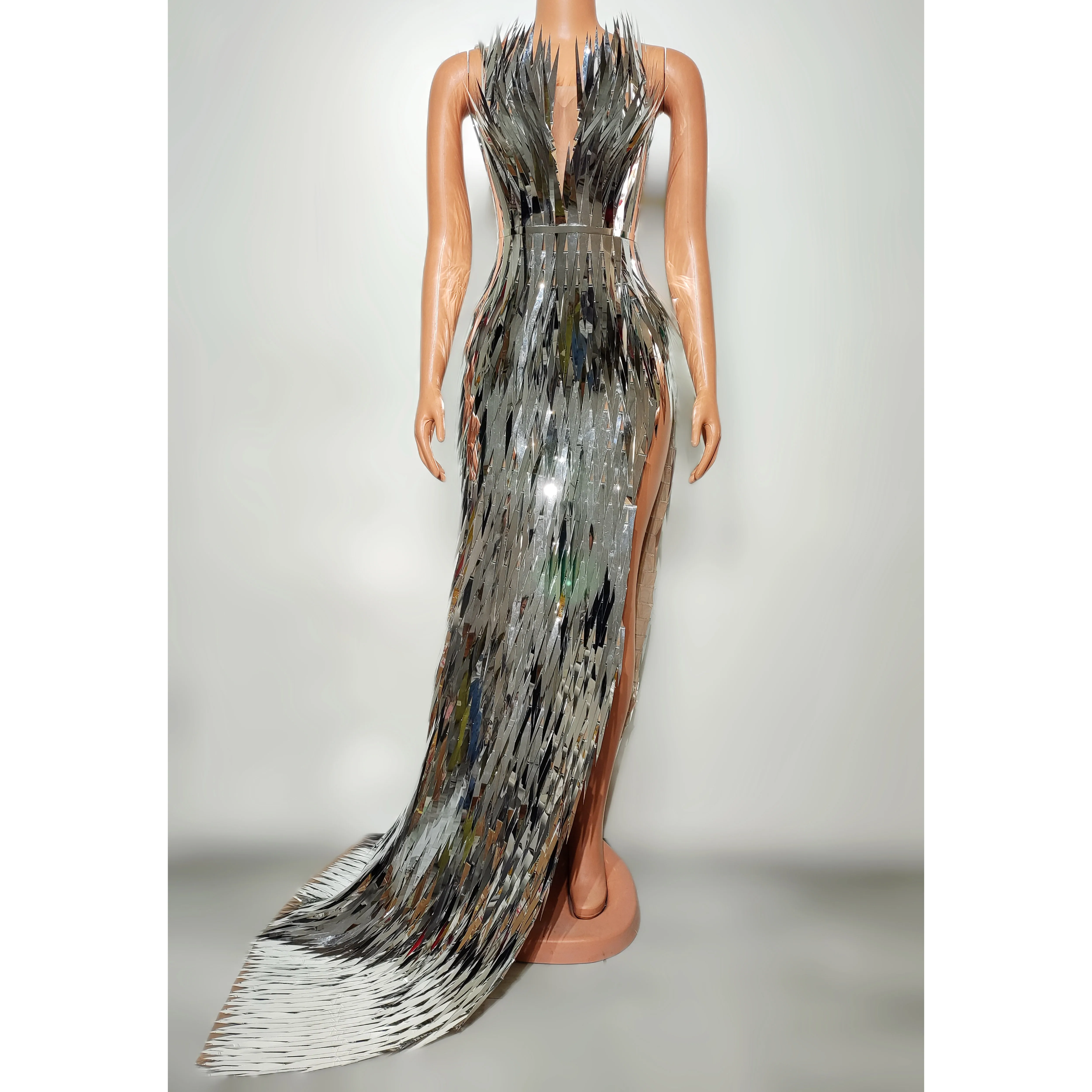 Sukienka ceremonialna damska srebrna błyszcząca bez rękawów długa sukienka kostium do tańca gogo strój na festiwal imprezę występ sceniczny yj310