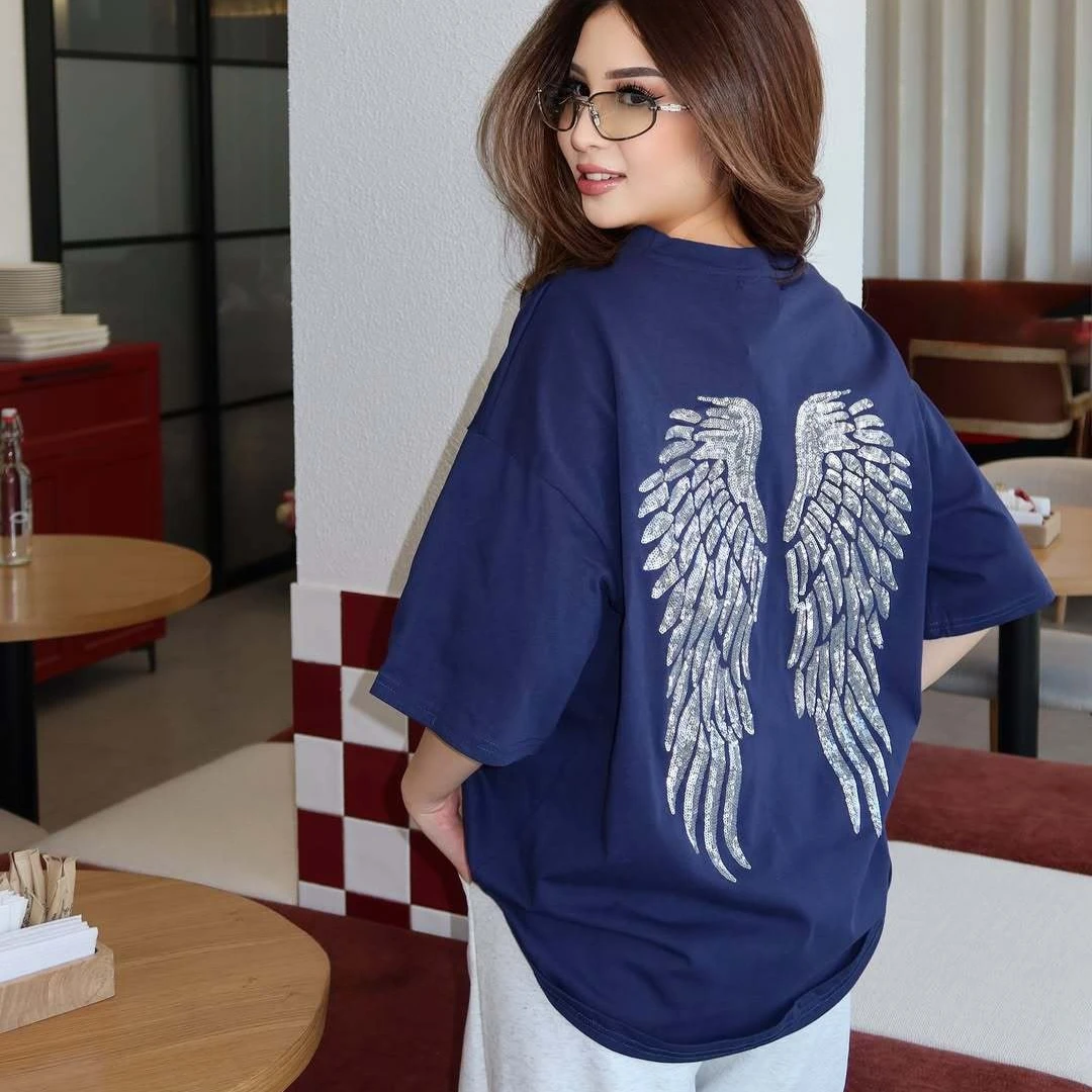 Y2K Navy Blue Angel Wing Oversized T-Shirt | 100% Cotton Back Graphic Drop Shoulder Tee | Grunge Aesthetic Summer Streetwear Top