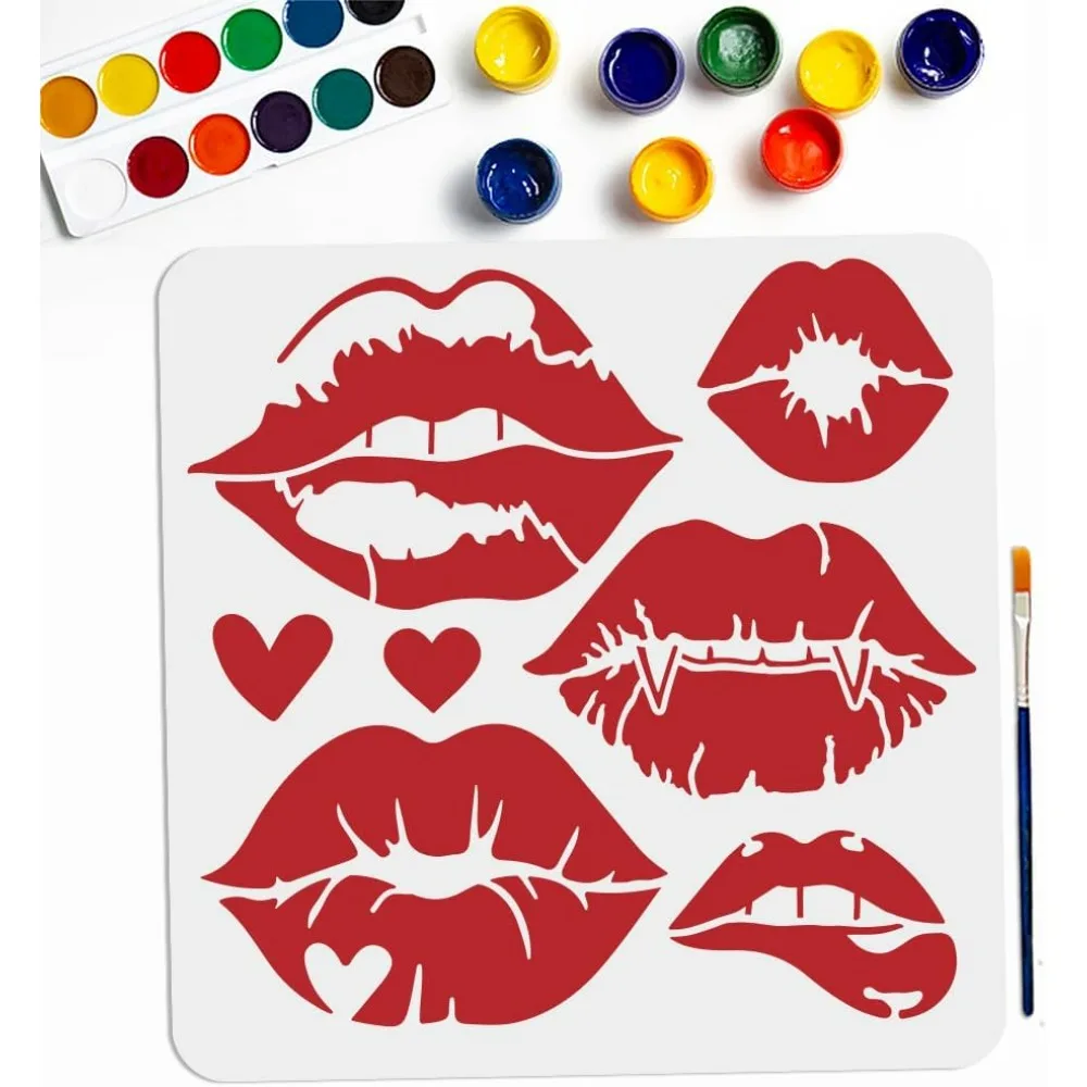 Lippen-Schablone, Kusslippen, DIY-Schablone, 30 x 30 cm, große Liebeslippen, Lippenstift, Mund mit Pinsel, wiederverwendbarer Damen-Lippendruck
