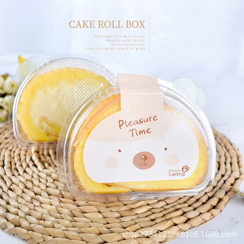 20pcs/set Transparent Cake Roll Box With Ear Cute Bear Baking Swiss Roll Boxes Plastic Cake Packaging DIY Dessert Box